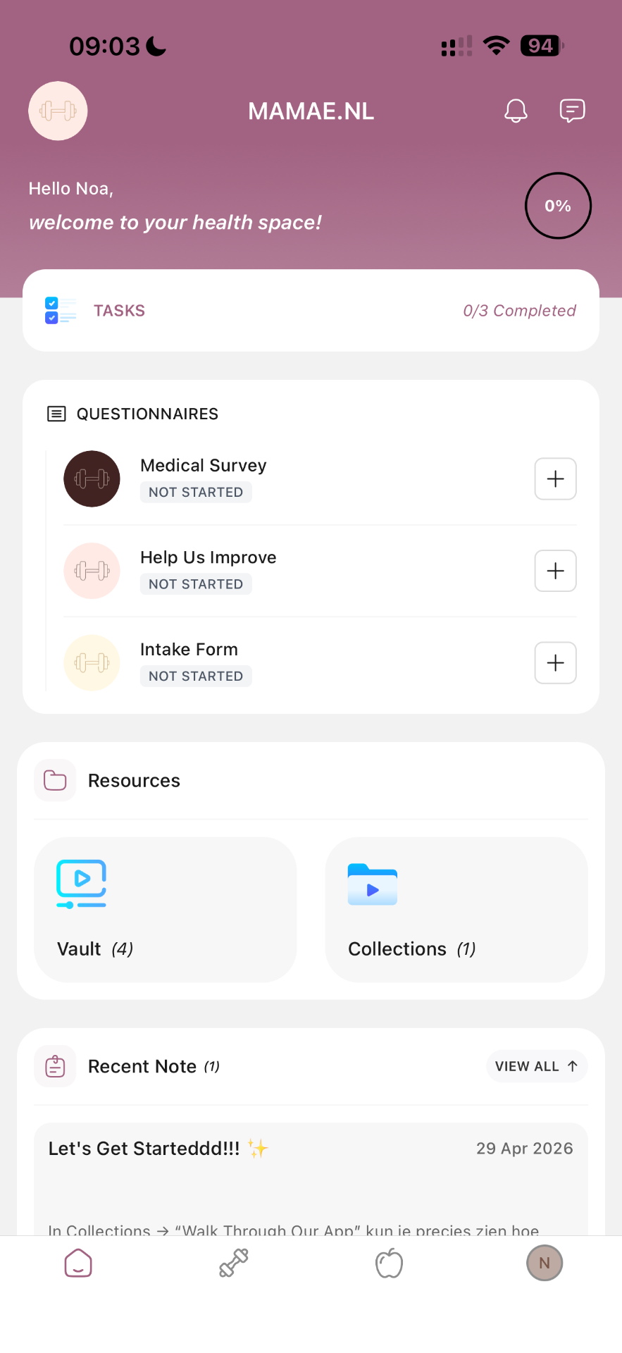MAMAE app screenshot — dashboard met taken, vragenlijsten en resources